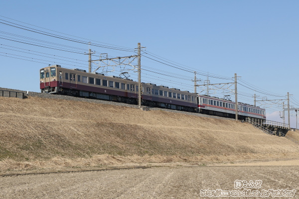 利根川橋梁に向かう築堤を行く通常カラーとリバイバルカラーが組んだ編成
