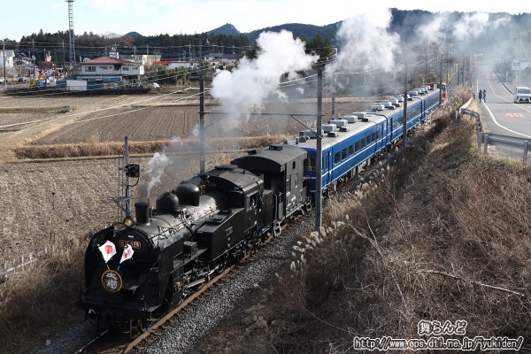 控えめな煙を上げながら姿を見せたC11 325（SL大樹5号）