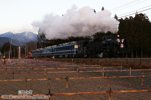 明るいうちからLED電飾が点った松ヶ崎SL花畑を通過するC11 325（SL大樹6号）