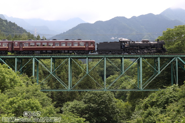 安谷川橋梁を渡る門鉄デフとなったC58 363が牽引するSLパレオエクスプレス