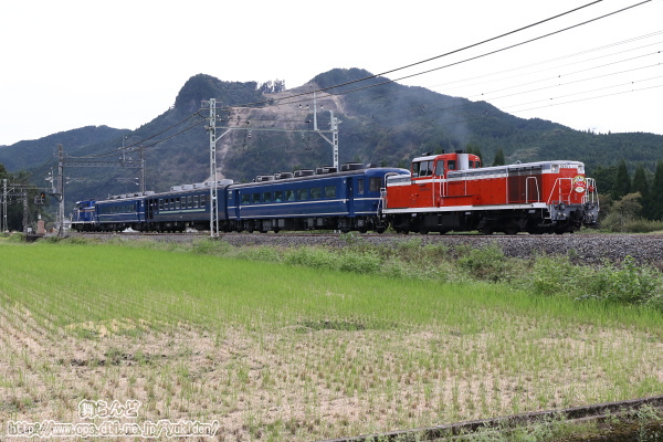 川化山とひこばえが生えた田んぼとDL大樹とちぎグルメ号