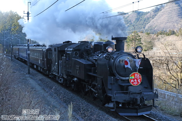 謹賀新年のヘッドマークと日章旗を掲げたC11 207牽引のSL大樹1号