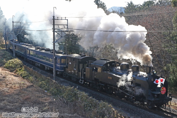 謹賀新年のヘッドマークと日章旗を掲げたC11 123牽引のSL大樹ふたら72号