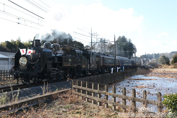 氷が張った蓮畑の脇を走る抜ける2026年の謹賀新年のヘッドマークを付けたSL大樹1号
