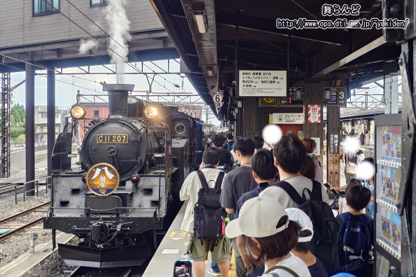 大勢の乗客に待つ4番ホームへ入線するSL大樹