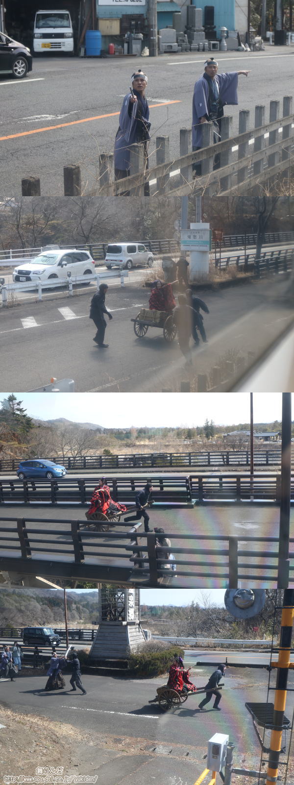 大八車をかっ飛ばす雷お新達（SL大樹2号／3月7日）