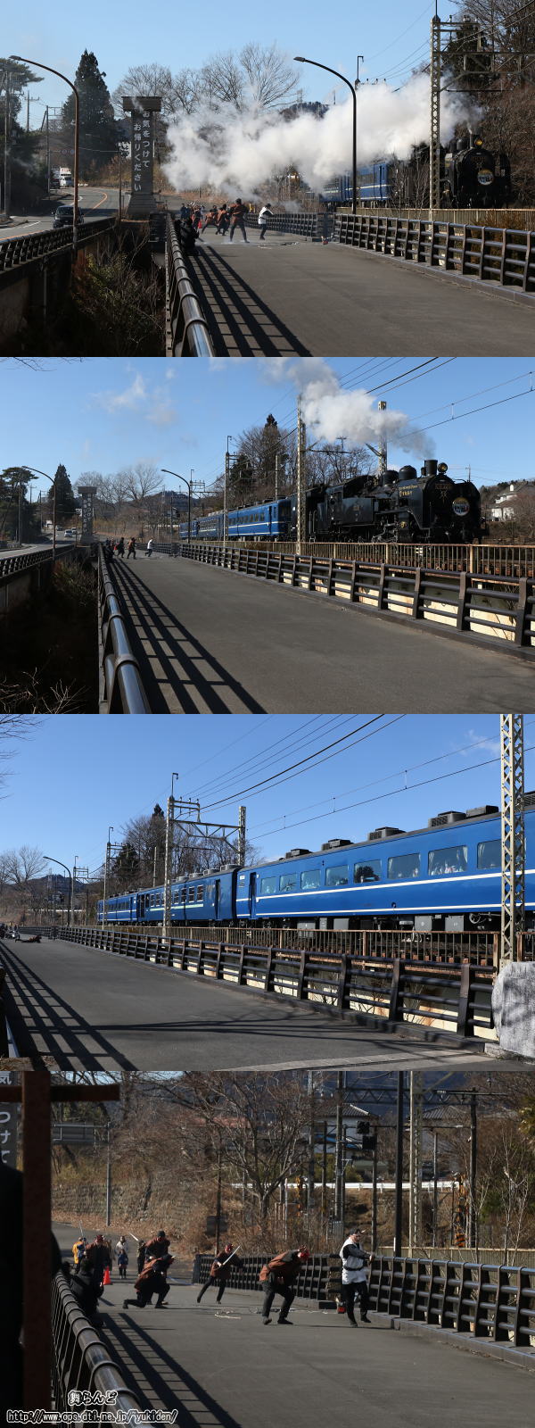 鬼怒川橋梁でEDO WONDER TRAINを襲おうとする鬼面盗賊一味（2/26　SL大樹1号）
