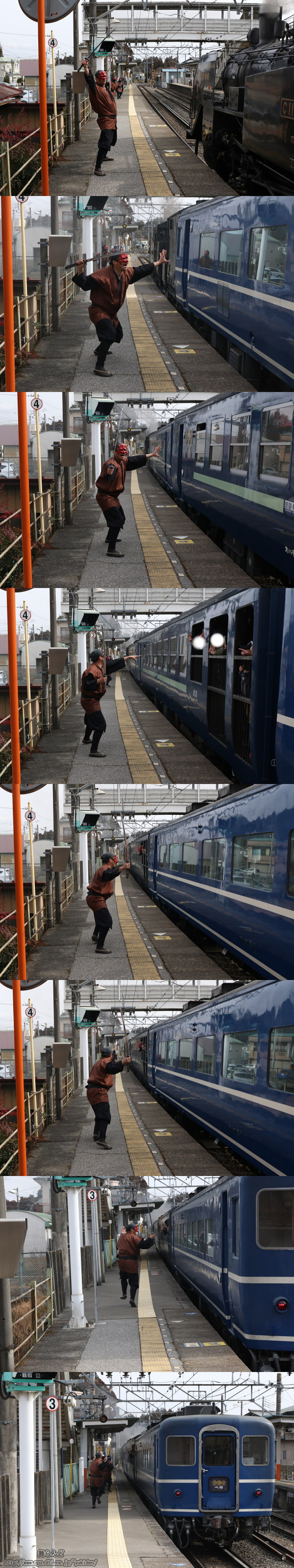 大谷向駅でEDO WONDER TRAINを襲撃する鬼面盗賊（3/12　SL大樹1号）