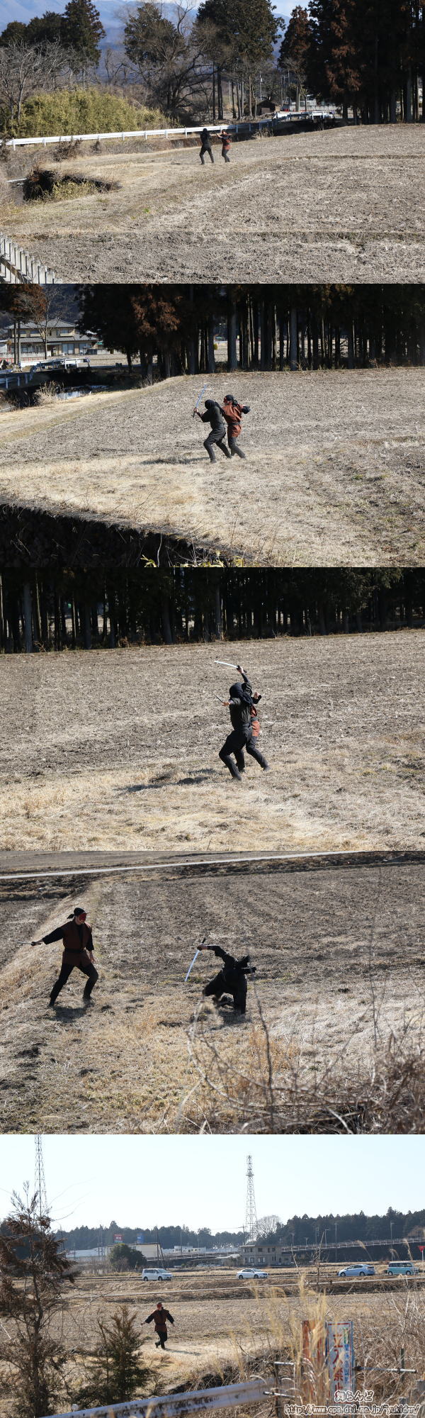 田んぼの中で戦う江戸忍者と鬼面盗賊（3/4　SL大樹1号）
