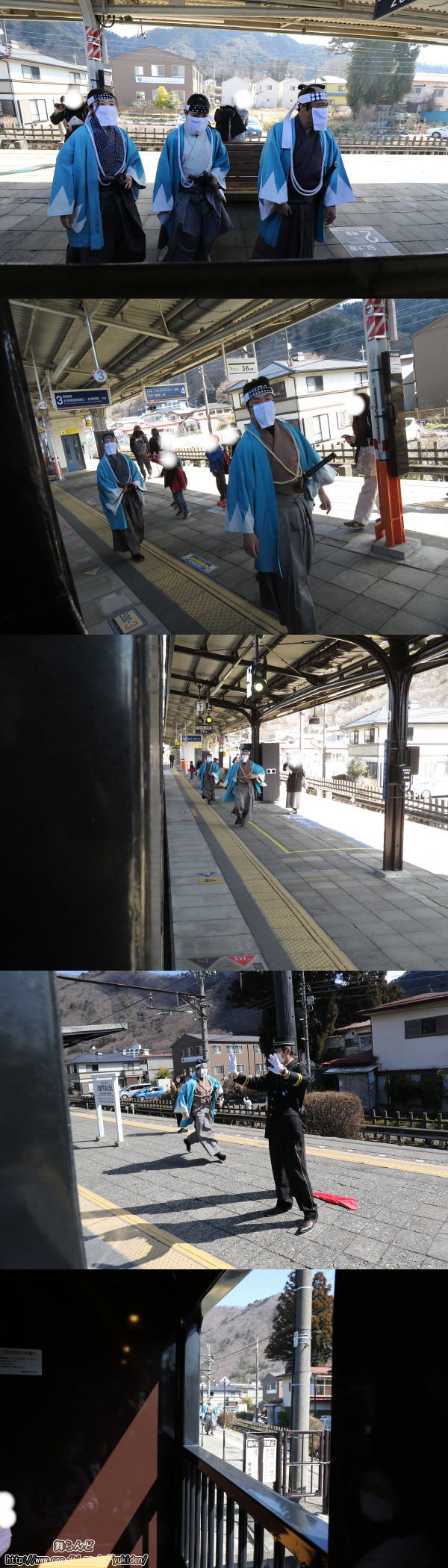 鬼面盗賊を乗せて駅を発つ鬼面盗賊をそれを追いかける新選組（3/4　SL大樹2号）