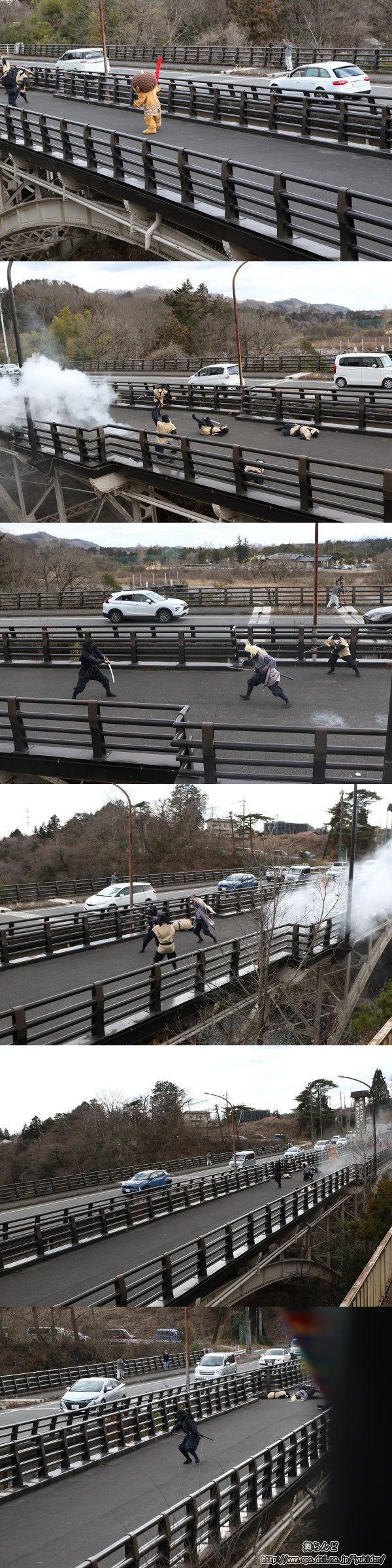 車内から見た中岩橋上での江戸忍者、鬼怒太vs風魔忍者の戦い（SL大樹5号　2/18）