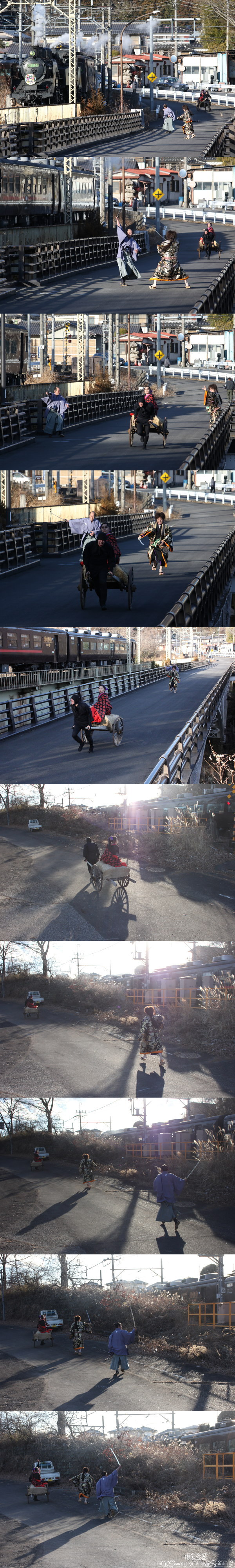 車外から撮影した中岩橋上で行われたEDO WONDER TRAINを追っかける石川五右衛門、雷お新の盗賊団、徳川家臣・片桐（2/22　SL大樹6号）