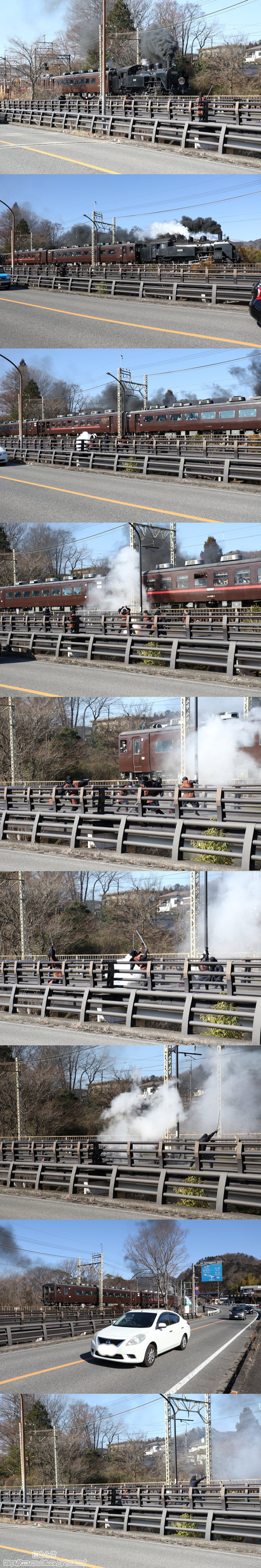 中岩橋と併走する国道から撮影した江戸忍者と風魔忍者の戦い（3/1　SL大樹1号）
