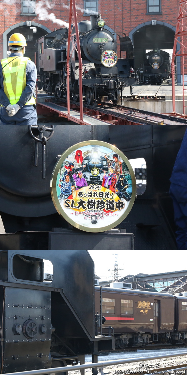 機関庫から出庫したC11 123と今年のEDO WONDER TRAINのヘッドマーク（3/1　SL大樹5号）