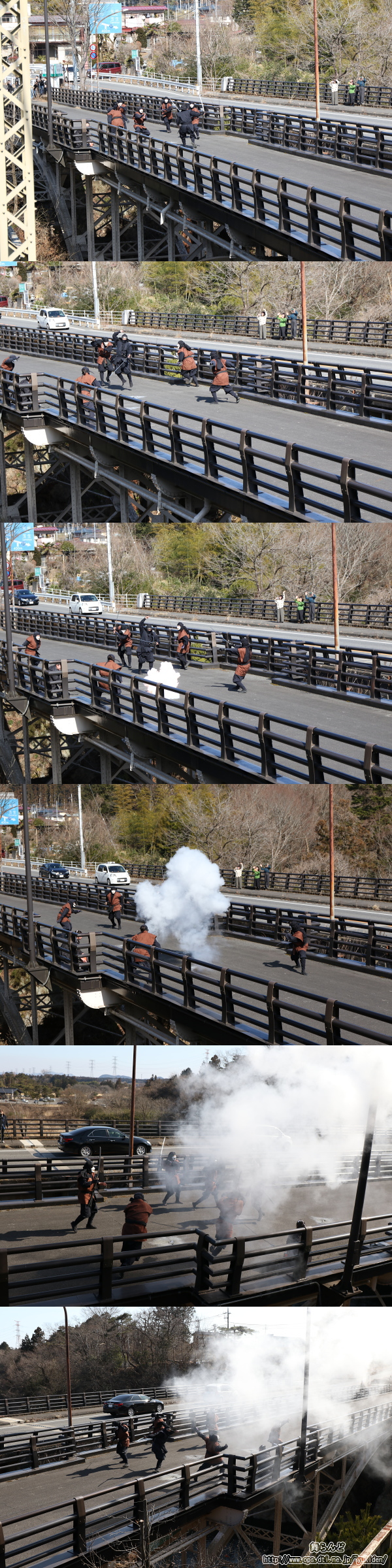 車内からから撮影した中岩橋上で始まった江戸忍者と風魔忍者の戦い（3/1　SL大樹5号）