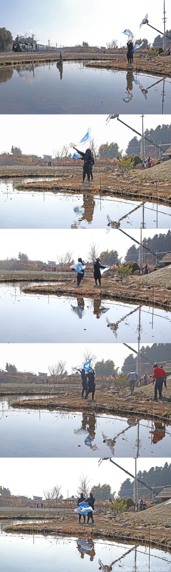 倉ヶ崎SL花畑でのくノ一の旗振り練習（2/22　SL大樹5号）