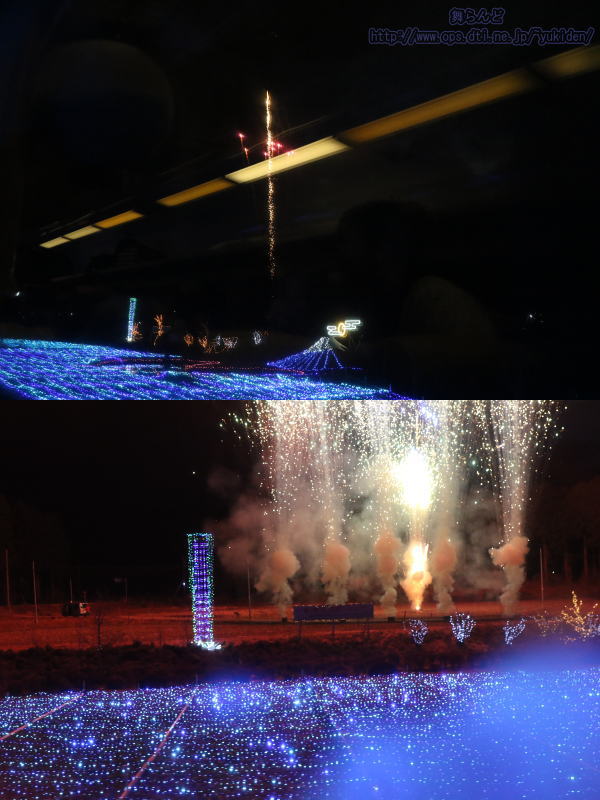 電飾された倉ヶ崎SL花畑の通過時に打ち上げられた花火