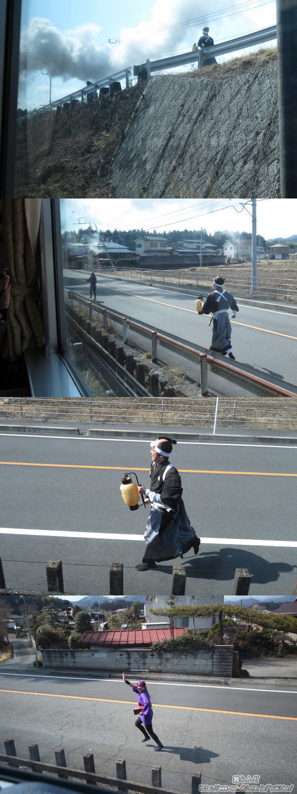 追跡する役人を引き離す女鼠小僧（鬼怒川線と国道121号並行区間）