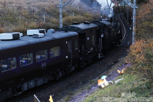 イルミネーションが点灯した栗原交差点の法面脇を通り過ぎるSL大樹6号