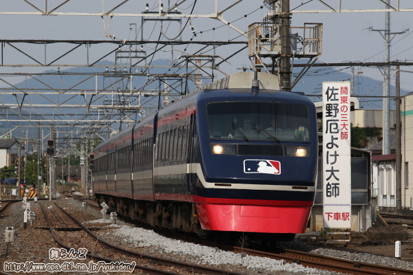 佐野厄除け大師下車駅案内版とMLBラッピングの206Fよる臨時特急列車