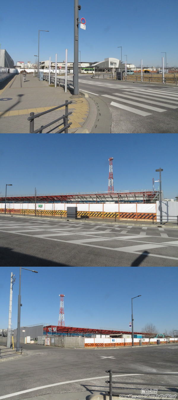 2021年2月現在の西口の様子と2021年8月下旬オープンを目指して建設中の商業施設の写真